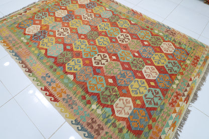 204 x 286 cm | Multicolor Wool Kilim Area Traditional Hand Woven Oriental Carpet