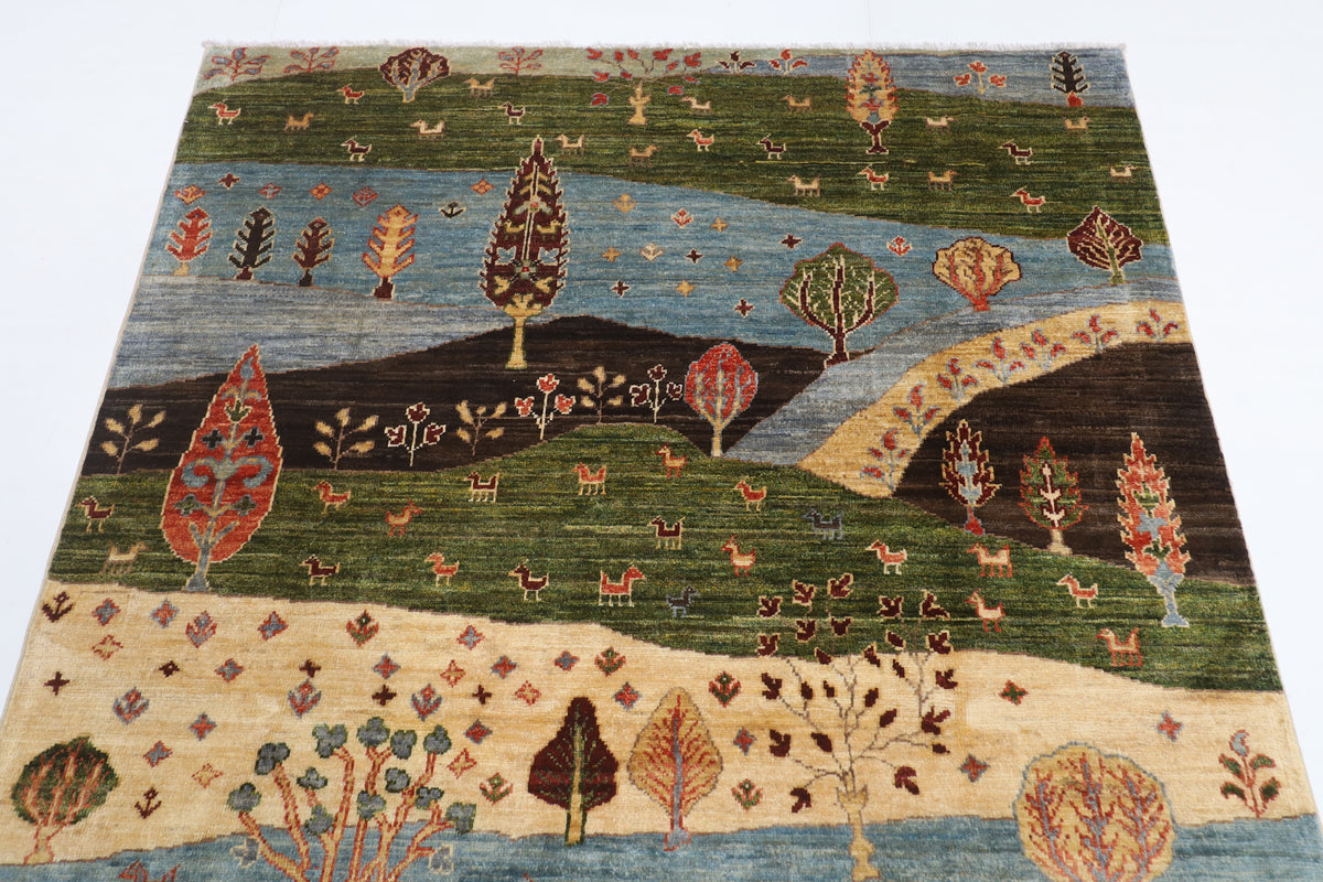 147 x 202 cm | Landscape Design Hand Knotted Veg Dye Wool Afghan Carpet