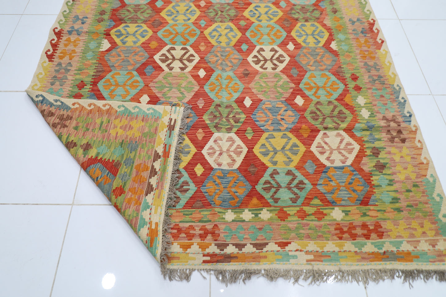 204 x 286 cm | Multicolor Wool Kilim Area Traditional Hand Woven Oriental Carpet