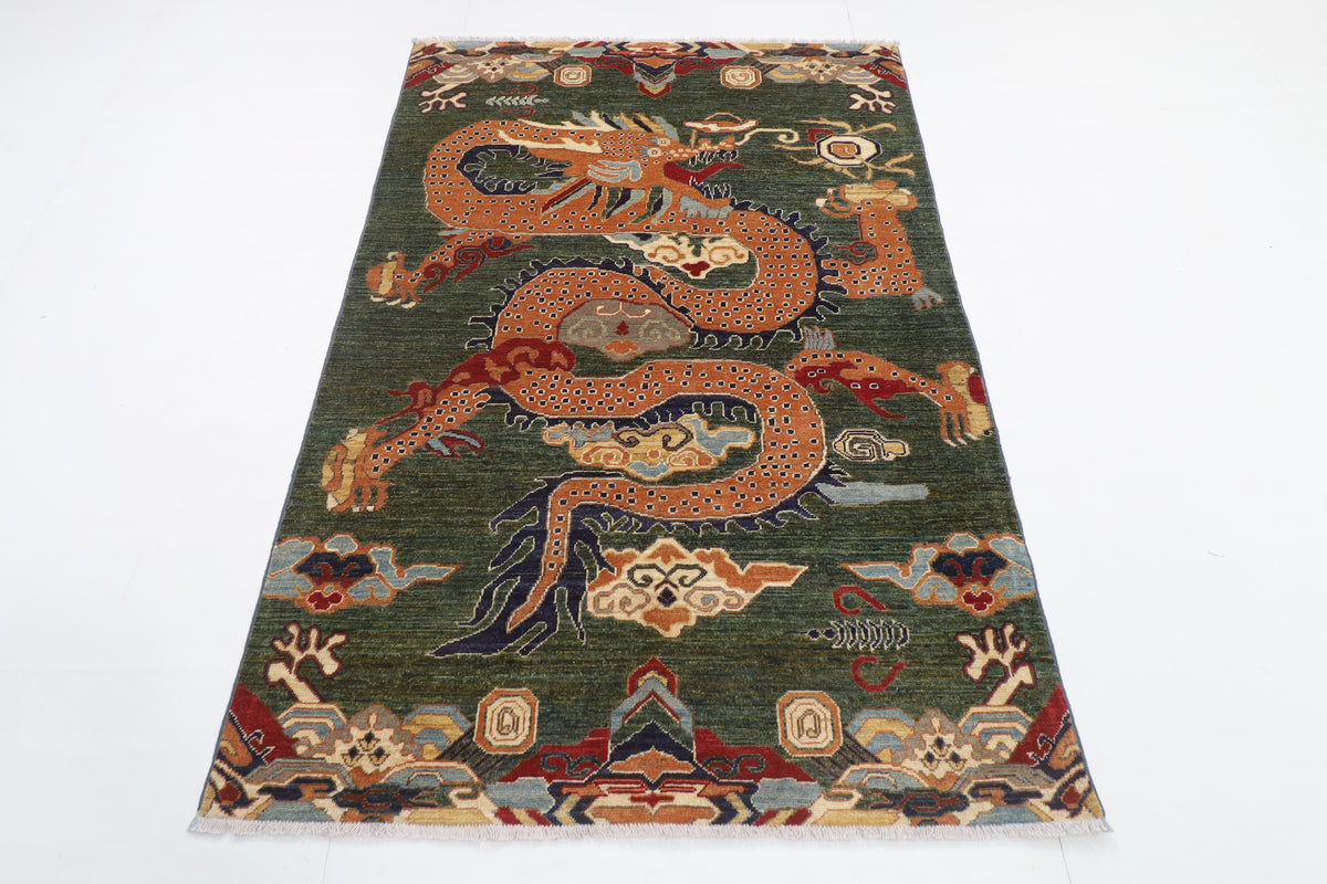 122 x 177 cm | Dragon Green Design Hand Knotted Veg Dye Wool Afghan Carpet