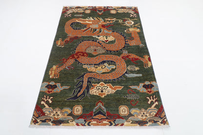 122 x 177 cm | Dragon Green Design Hand Knotted Veg Dye Wool Afghan Carpet