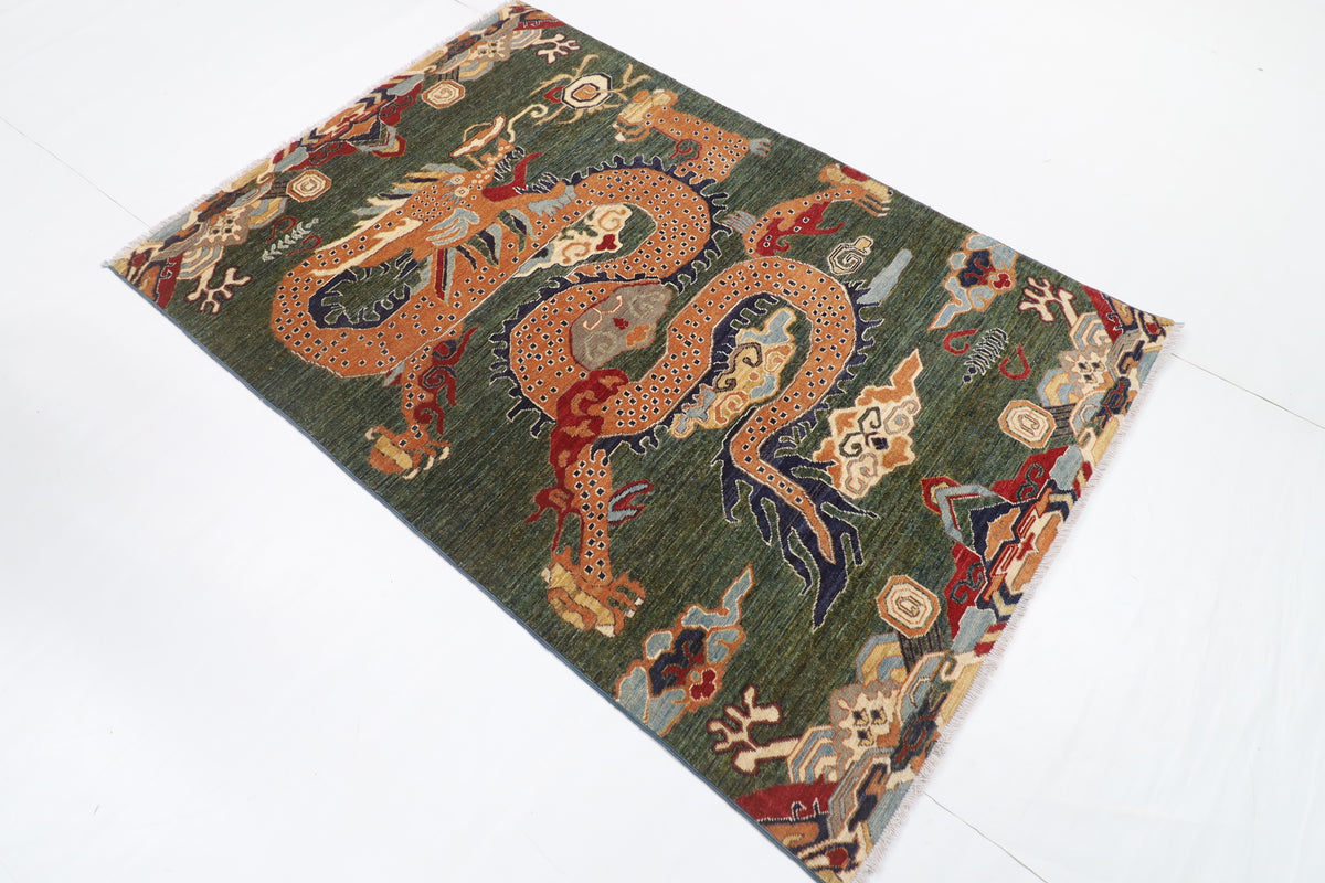 122 x 177 cm | Dragon Green Design Hand Knotted Veg Dye Wool Afghan Carpet