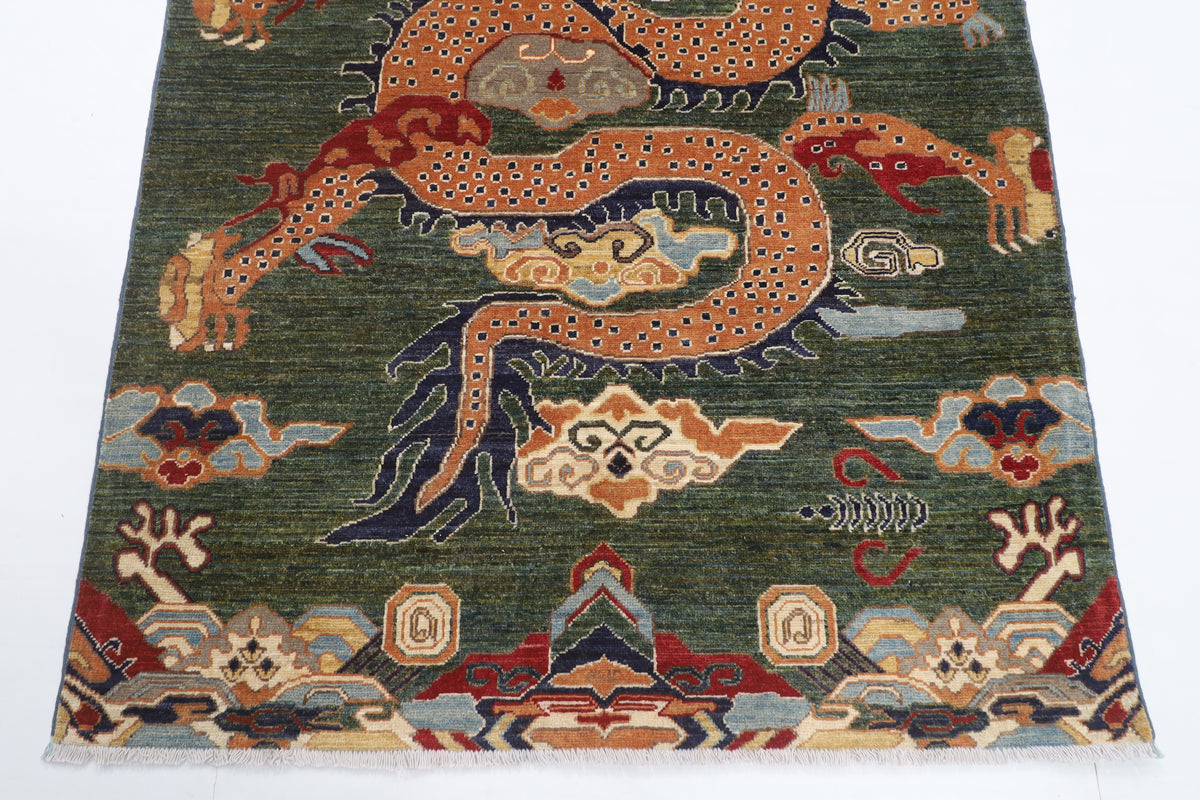 122 x 177 cm | Dragon Green Design Hand Knotted Veg Dye Wool Afghan Carpet
