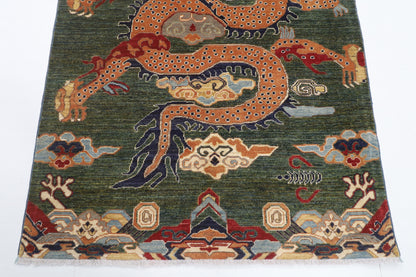 122 x 177 cm | Dragon Green Design Hand Knotted Veg Dye Wool Afghan Carpet