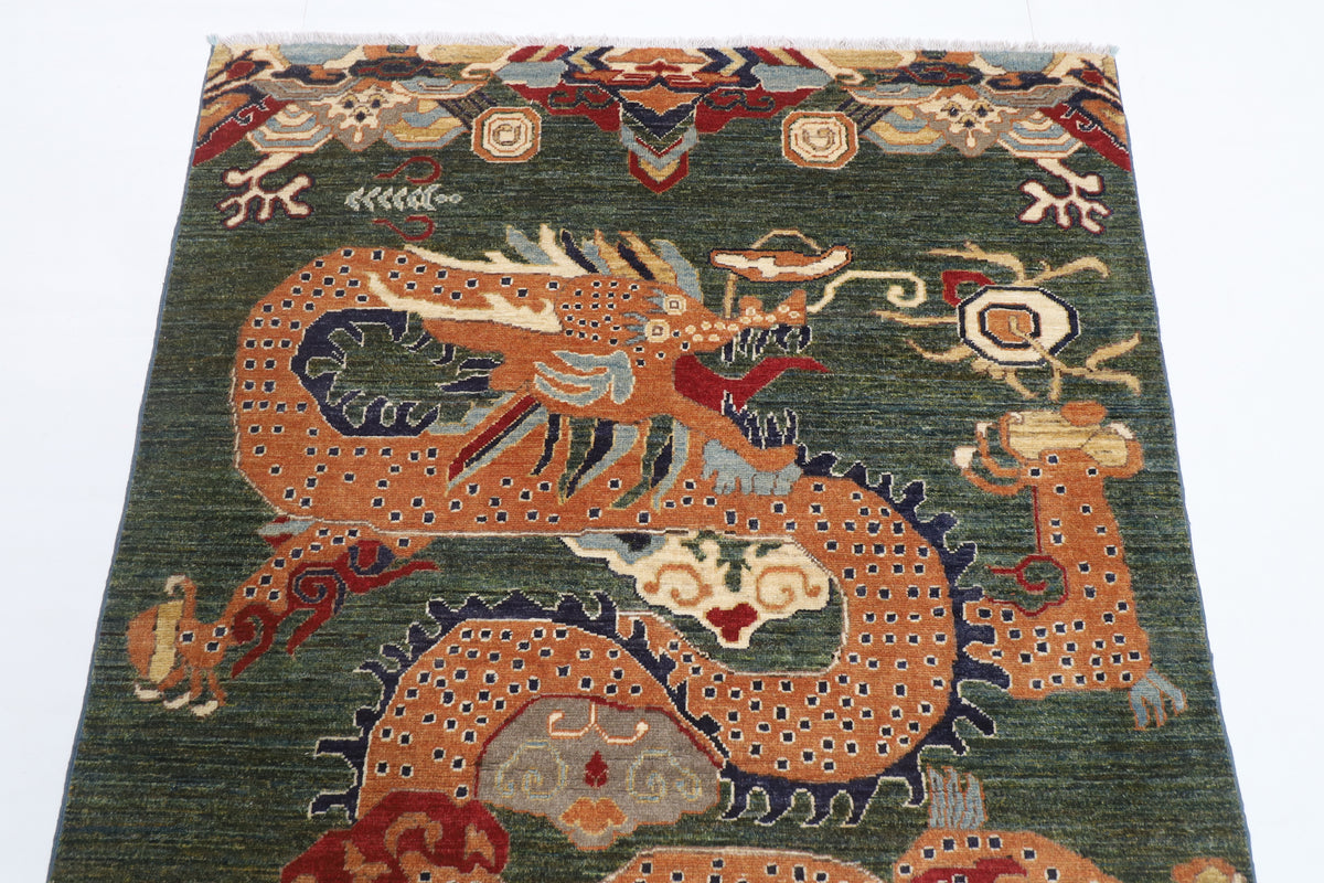 122 x 177 cm | Dragon Green Design Hand Knotted Veg Dye Wool Afghan Carpet