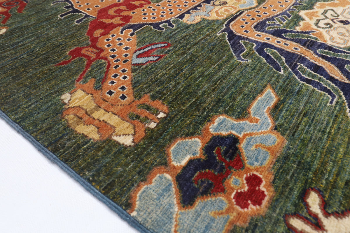 122 x 177 cm | Dragon Green Design Hand Knotted Veg Dye Wool Afghan Carpet