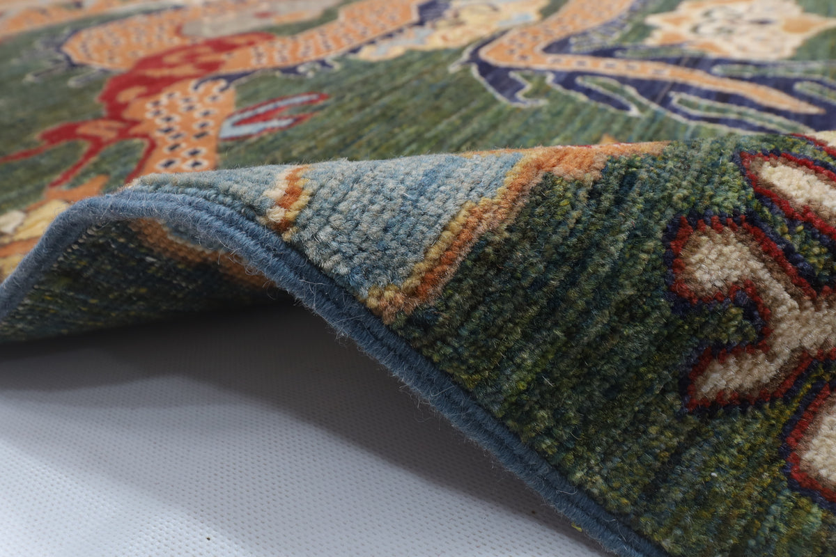 122 x 177 cm | Dragon Green Design Hand Knotted Veg Dye Wool Afghan Carpet