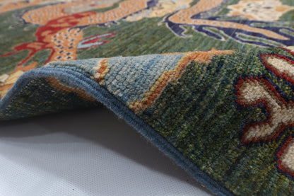 122 x 177 cm | Dragon Green Design Hand Knotted Veg Dye Wool Afghan Carpet