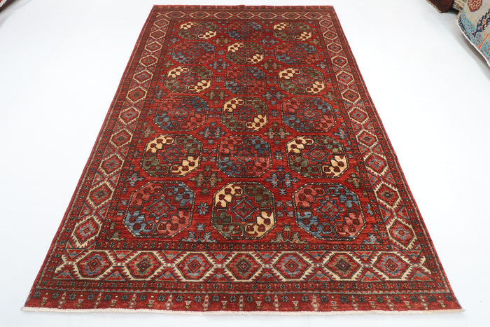 183 x 276 cm | Ersari Mori Design Hand Knotted Veg Dye Wool Afghan Carpet