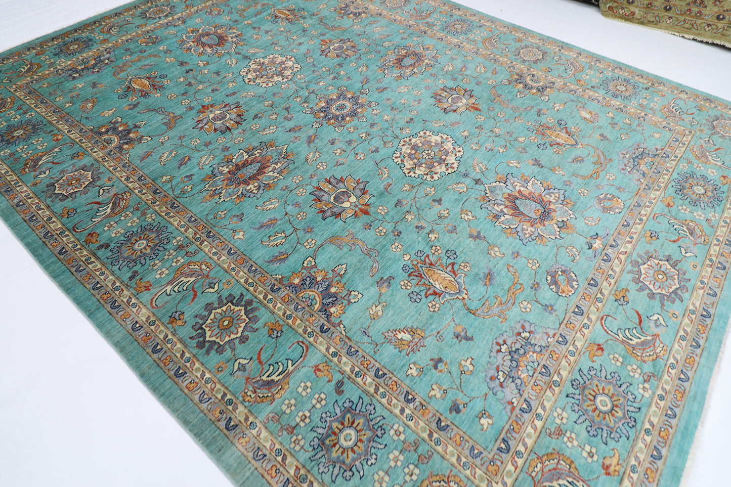 278 x 353 cm | Oriental Turquoise Afghan Tribal Hand Knotted Veg Dye Wool carpet