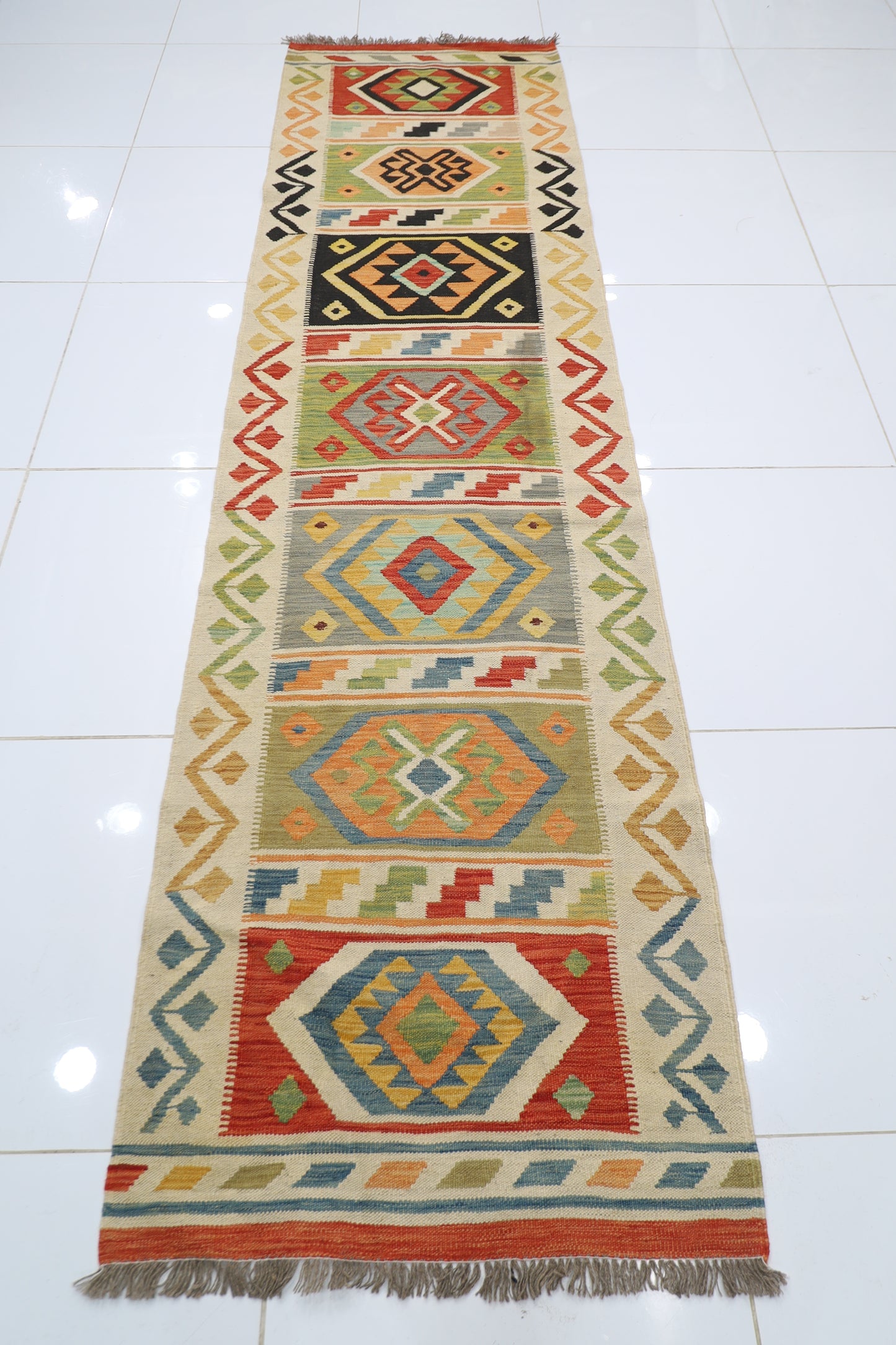 86 x 313 cm | Multicolor Wool Kilim Runner Traditional Hand Woven Oriental Carpet