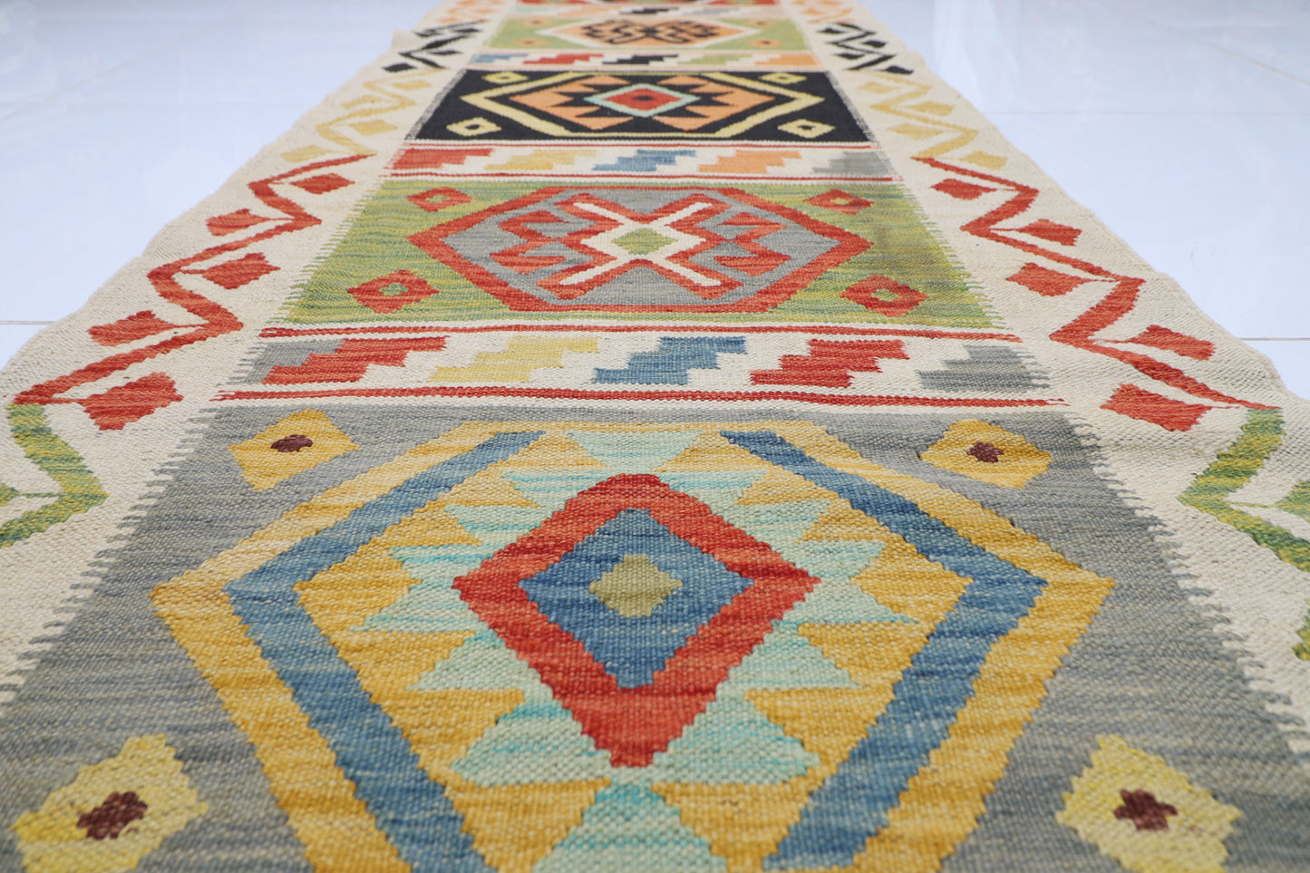 86 x 313 cm | Multicolor Wool Kilim Runner Traditional Hand Woven Oriental Carpet