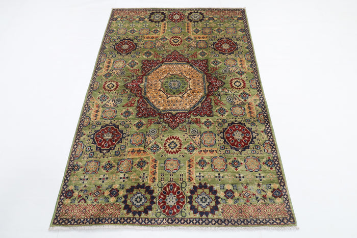 122 x 182 cm | Mamluk Green Design Hand Knotted Veg Dye Wool Afghan Carpet