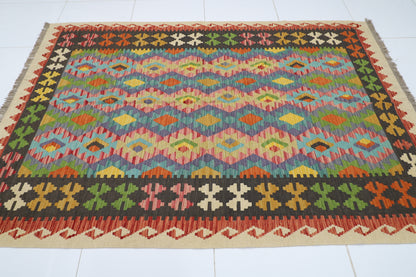 172 x 251 cm | Multicolor Wool Kilim Area Traditional Hand Woven Oriental Carpet