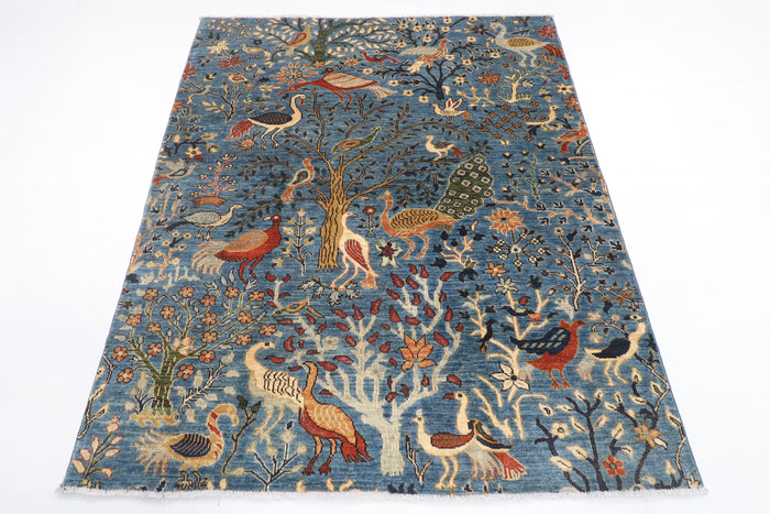 151 x 180 cm | Birds Design Hand Knotted Veg Dye Wool Afghan Carpet