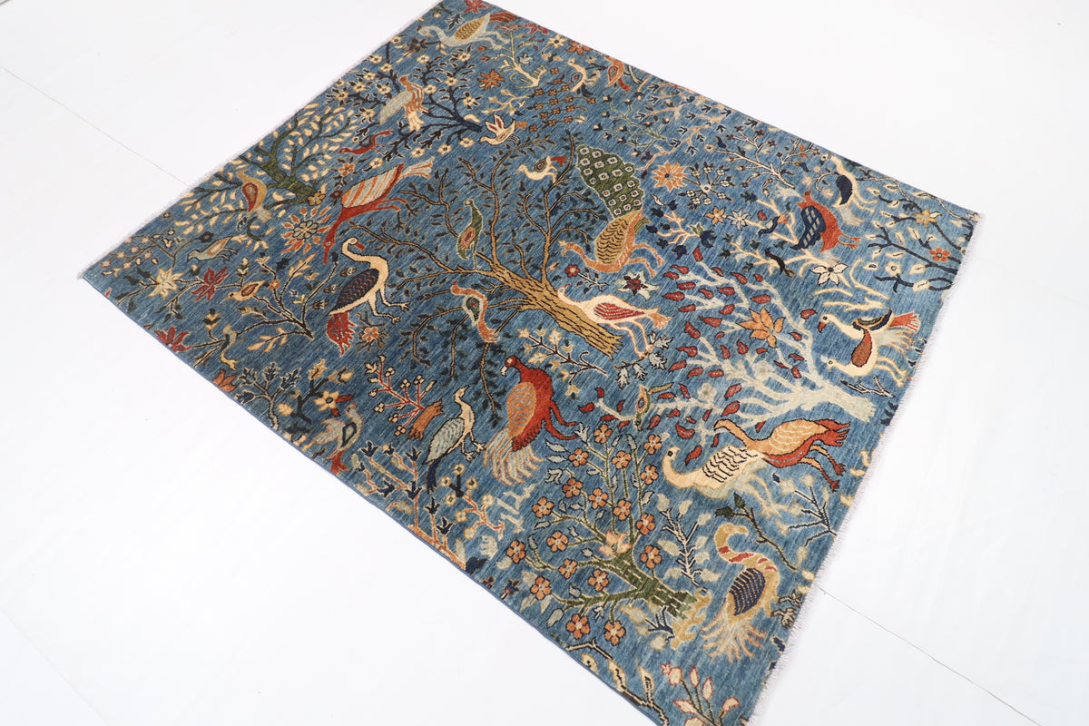 151 x 180 cm | Birds Design Hand Knotted Veg Dye Wool Afghan Carpet