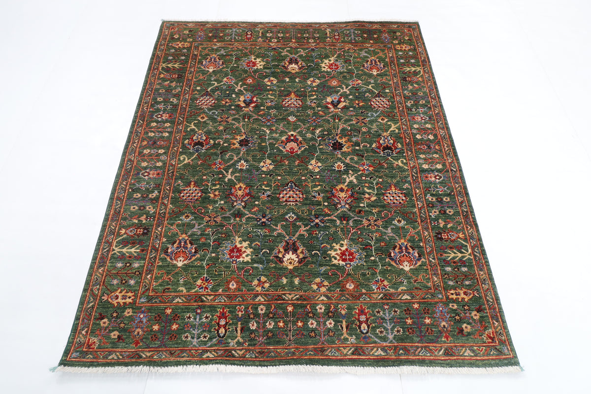 150 x 177 cm | Floral Green Design Hand Knotted Veg Dye Wool Afghan Carpet