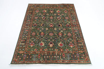 150 x 177 cm | Floral Green Design Hand Knotted Veg Dye Wool Afghan Carpet