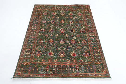 150 x 177 cm | Floral Green Design Hand Knotted Veg Dye Wool Afghan Carpet