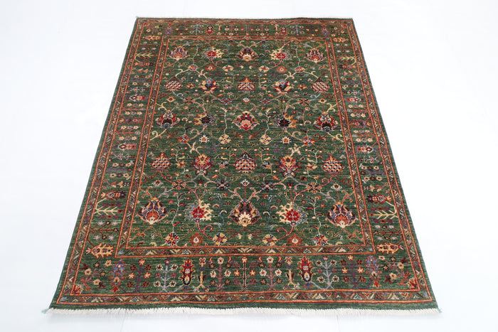 150 x 177 cm | Floral Green Design Hand Knotted Veg Dye Wool Afghan Carpet