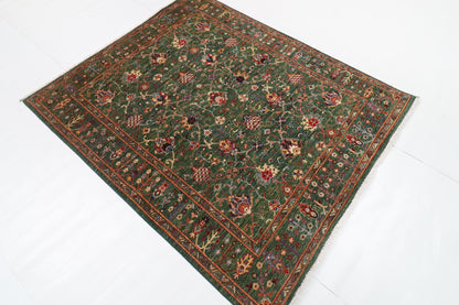 150 x 177 cm | Floral Green Design Hand Knotted Veg Dye Wool Afghan Carpet