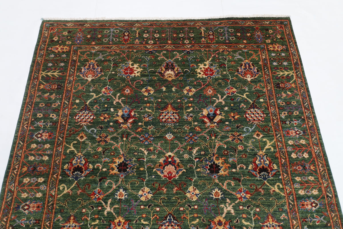 150 x 177 cm | Floral Green Design Hand Knotted Veg Dye Wool Afghan Carpet