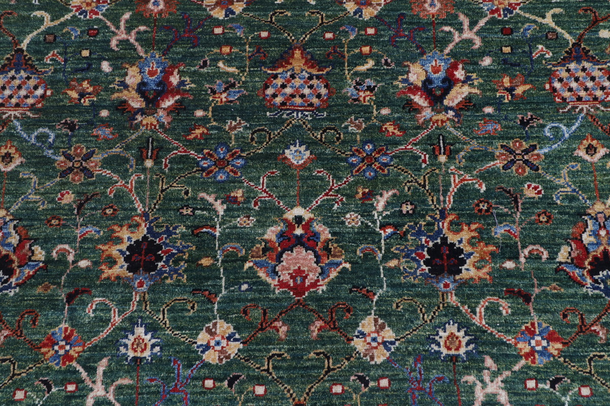 150 x 177 cm | Floral Green Design Hand Knotted Veg Dye Wool Afghan Carpet