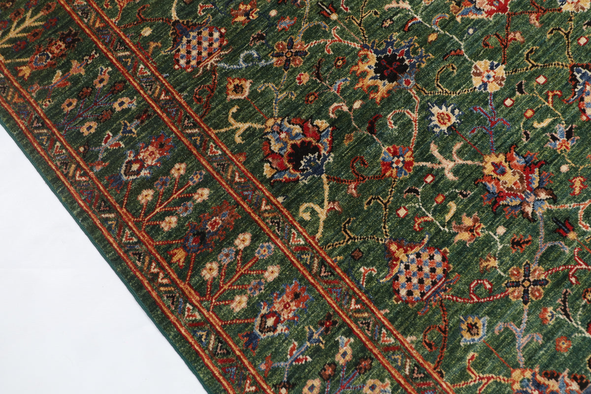 150 x 177 cm | Floral Green Design Hand Knotted Veg Dye Wool Afghan Carpet