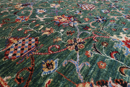 150 x 177 cm | Floral Green Design Hand Knotted Veg Dye Wool Afghan Carpet