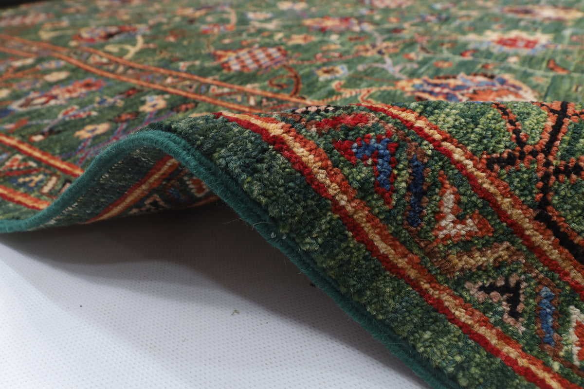 150 x 177 cm | Floral Green Design Hand Knotted Veg Dye Wool Afghan Carpet