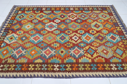 197 x 292 cm | Multicolor Wool Kilim Area Traditional Hand Woven Oriental Carpet