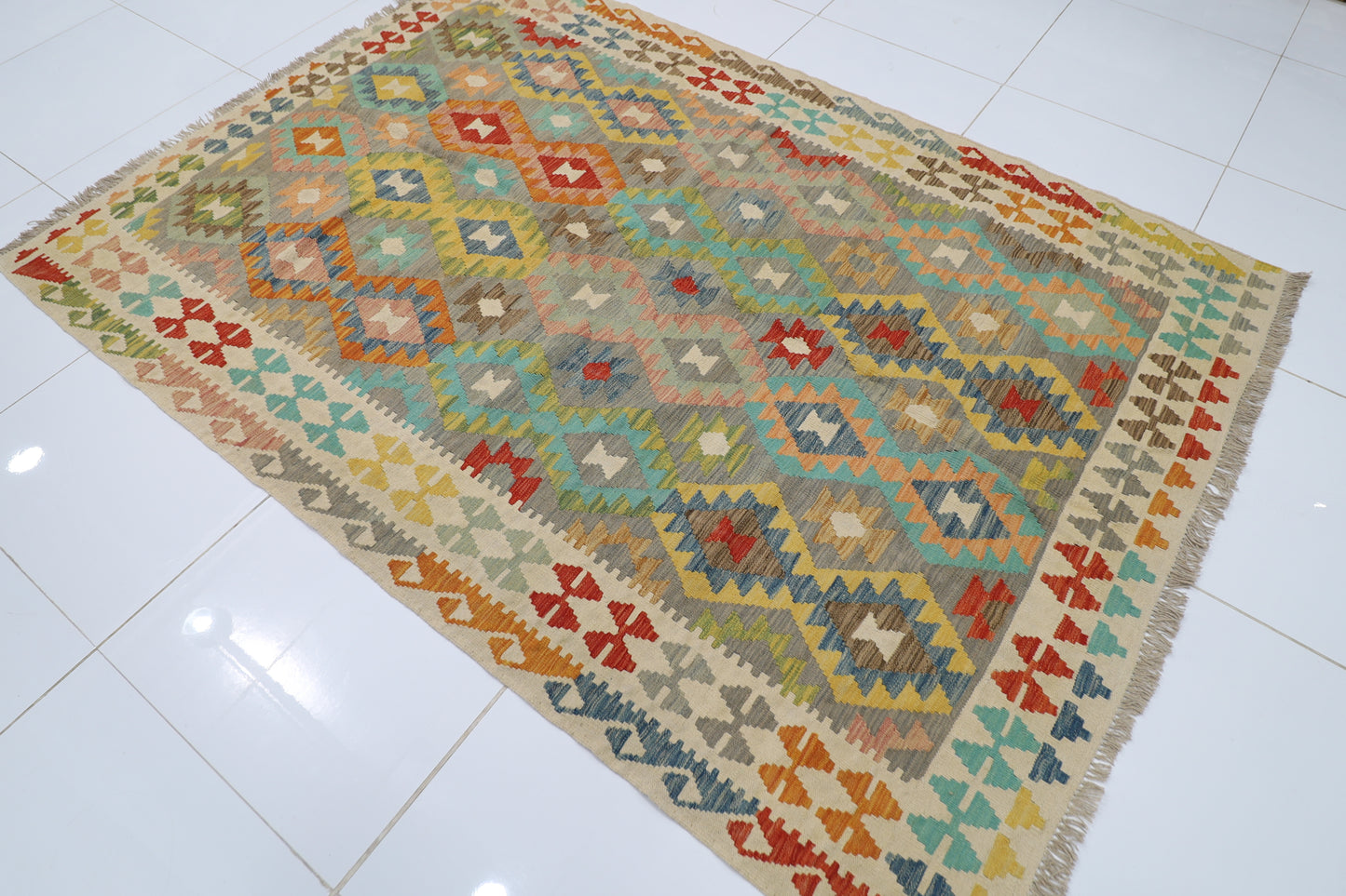 177 x 248 cm | Multicolor Wool Kilim Area Traditional Hand Woven Oriental Carpet