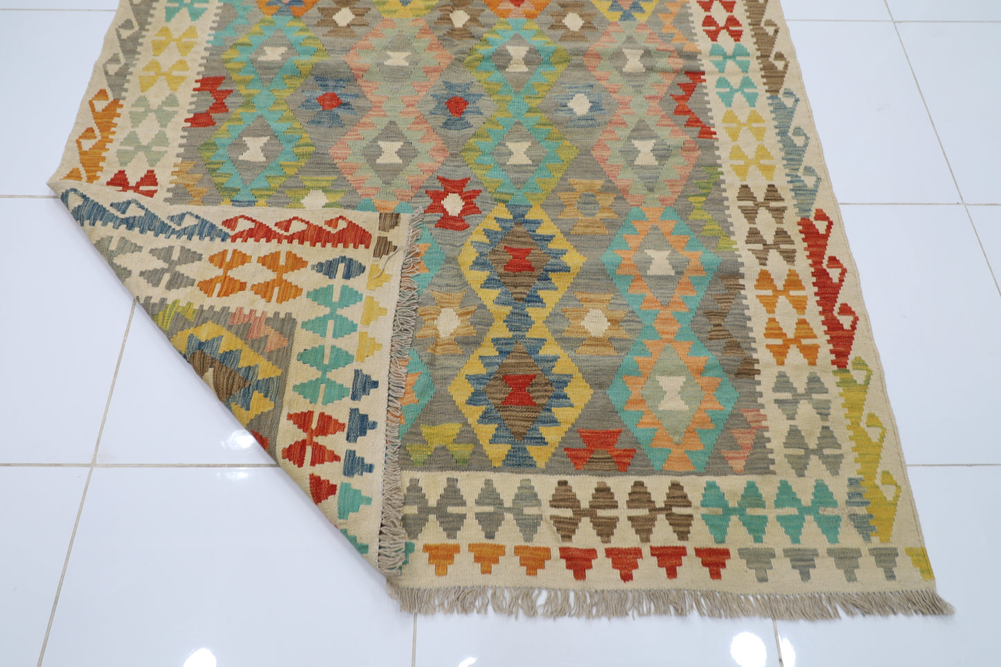 177 x 248 cm | Multicolor Wool Kilim Area Traditional Hand Woven Oriental Carpet
