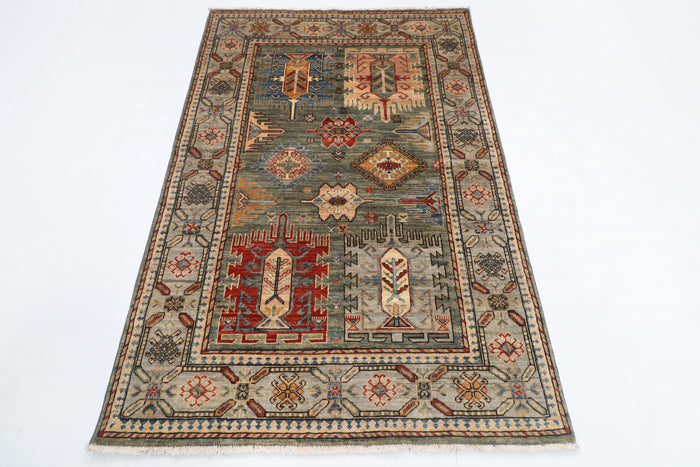 121 x 181 cm | Geometric Design Hand Knotted Veg Dye Wool Afghan Carpet