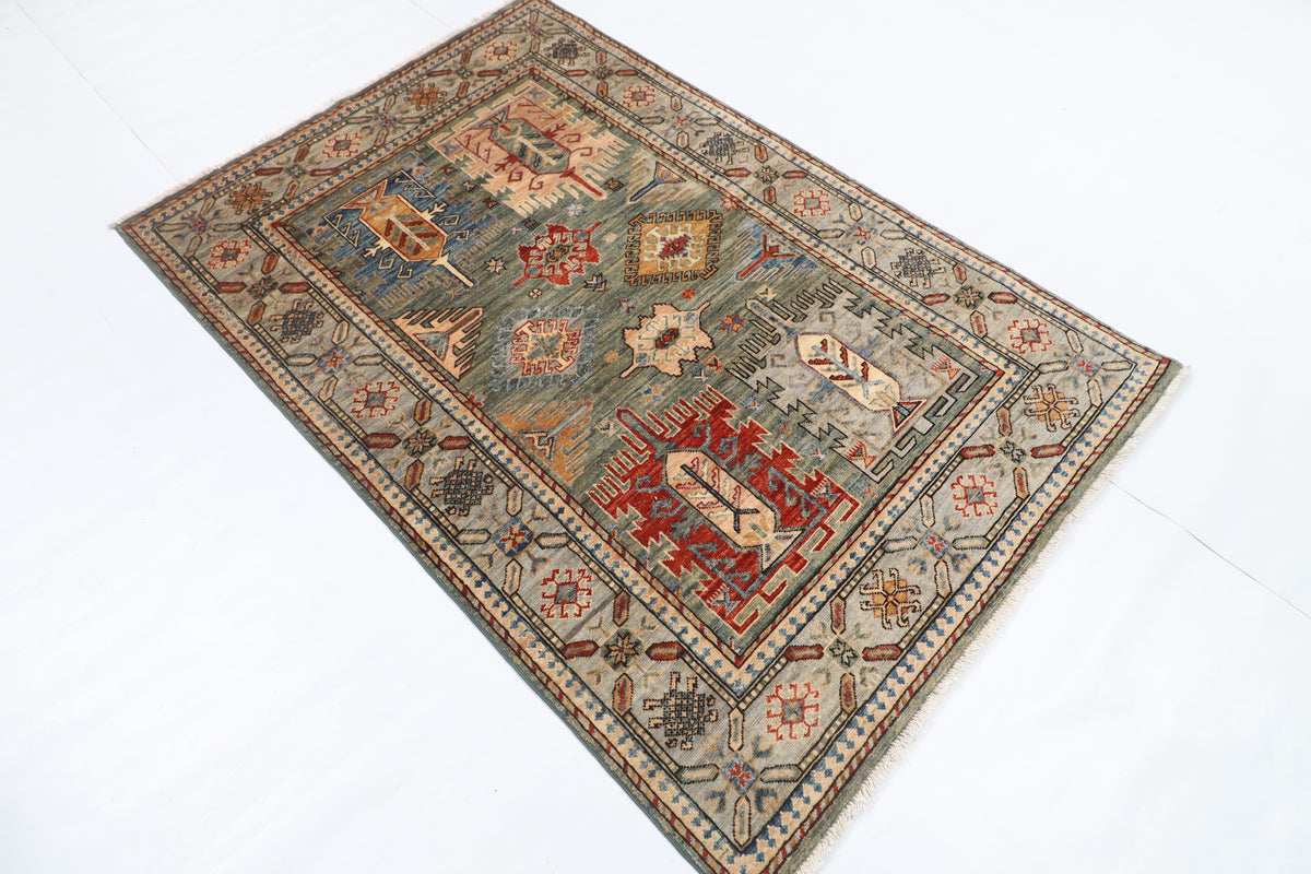 121 x 181 cm | Geometric Design Hand Knotted Veg Dye Wool Afghan Carpet