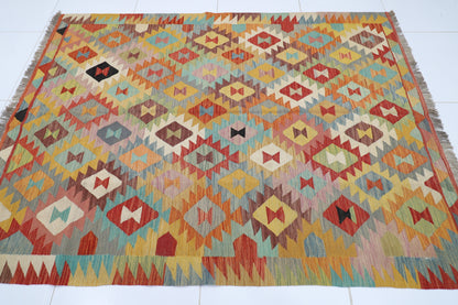 175 x 234 cm | Multicolor Wool Kilim Area Traditional Hand Woven Oriental Carpet