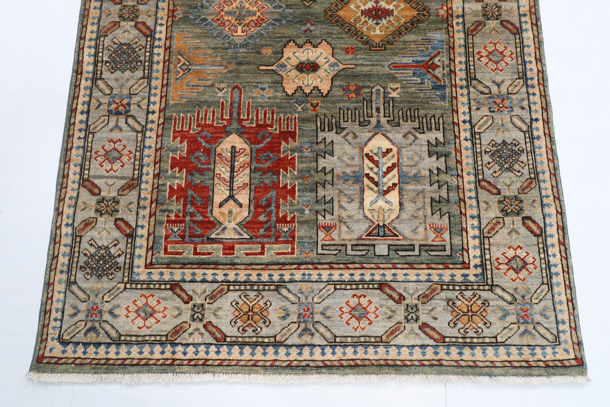 121 x 181 cm | Geometric Design Hand Knotted Veg Dye Wool Afghan Carpet