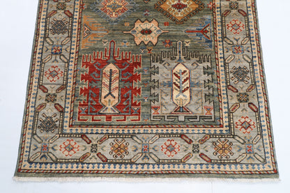 121 x 181 cm | Geometric Design Hand Knotted Veg Dye Wool Afghan Carpet