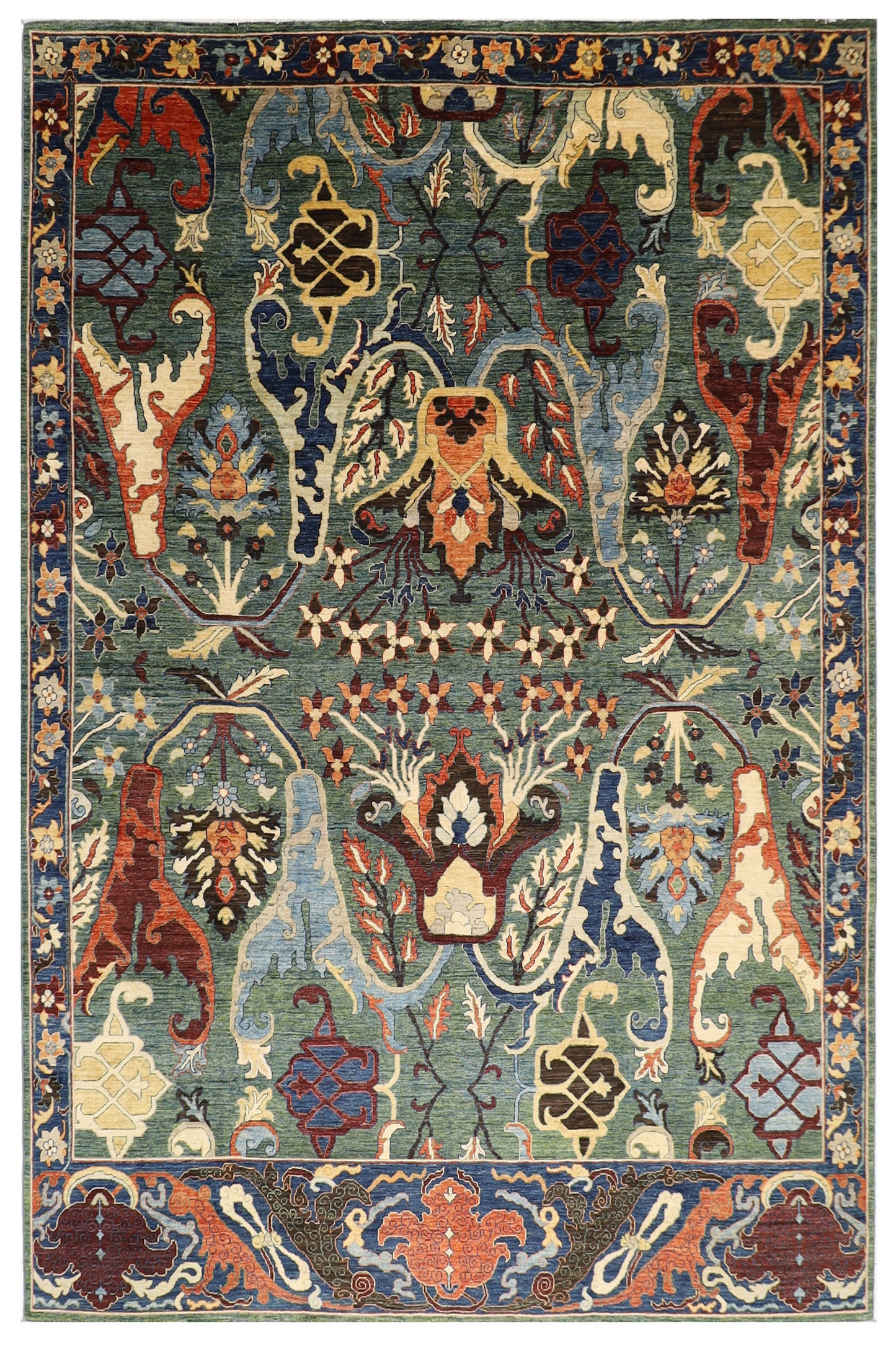 274 x 356 cm | Kawros Green Afghan Tribal Hand Knotted Veg Dye Wool carpet
