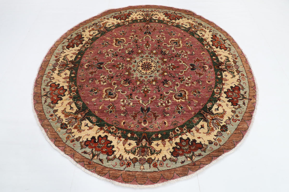202 x 204 cm | Floral Pink Round Design Hand Knotted Veg Dye Wool Afghan Carpet