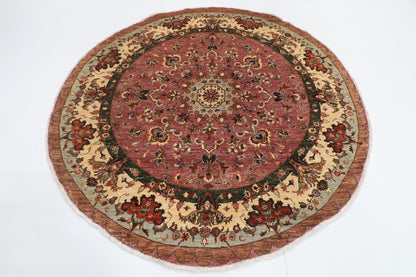 202 x 204 cm | Floral Pink Round Design Hand Knotted Veg Dye Wool Afghan Carpet