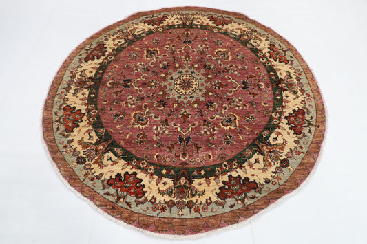 202 x 204 cm | Floral Pink Round Design Hand Knotted Veg Dye Wool Afghan Carpet