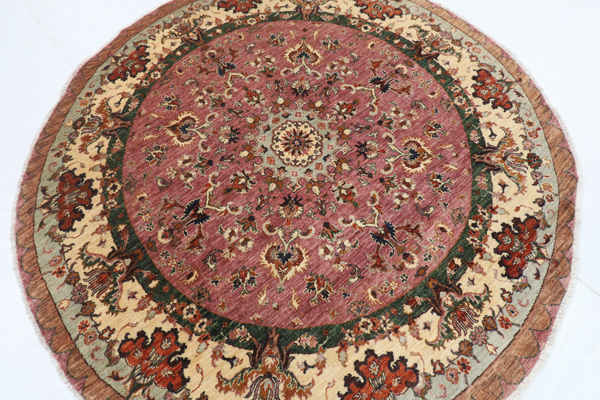 202 x 204 cm | Floral Pink Round Design Hand Knotted Veg Dye Wool Afghan Carpet