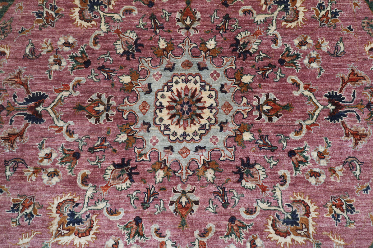 202 x 204 cm | Floral Pink Round Design Hand Knotted Veg Dye Wool Afghan Carpet