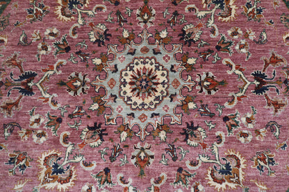 202 x 204 cm | Floral Pink Round Design Hand Knotted Veg Dye Wool Afghan Carpet