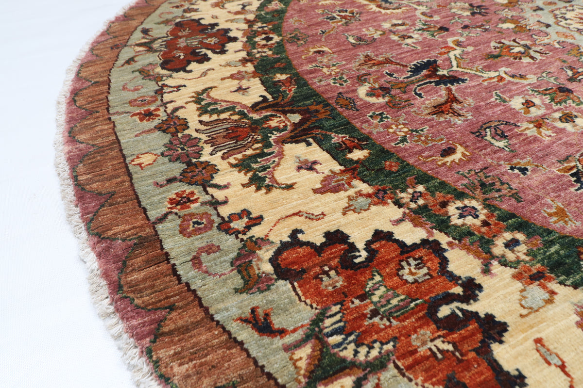 202 x 204 cm | Floral Pink Round Design Hand Knotted Veg Dye Wool Afghan Carpet