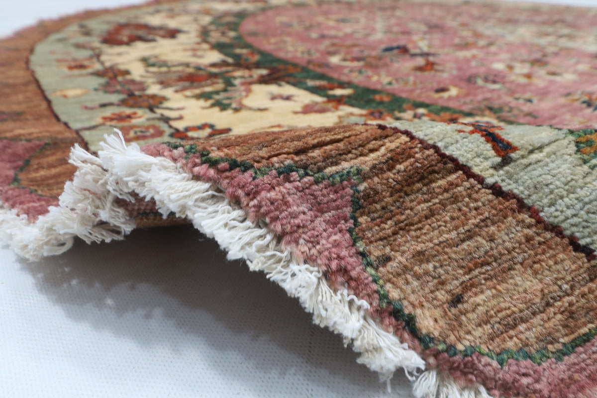 202 x 204 cm | Floral Pink Round Design Hand Knotted Veg Dye Wool Afghan Carpet