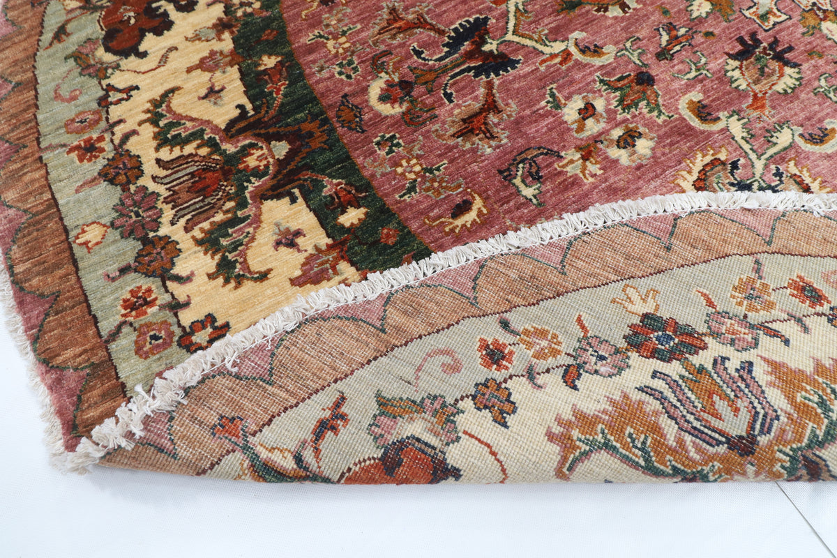 202 x 204 cm | Floral Pink Round Design Hand Knotted Veg Dye Wool Afghan Carpet