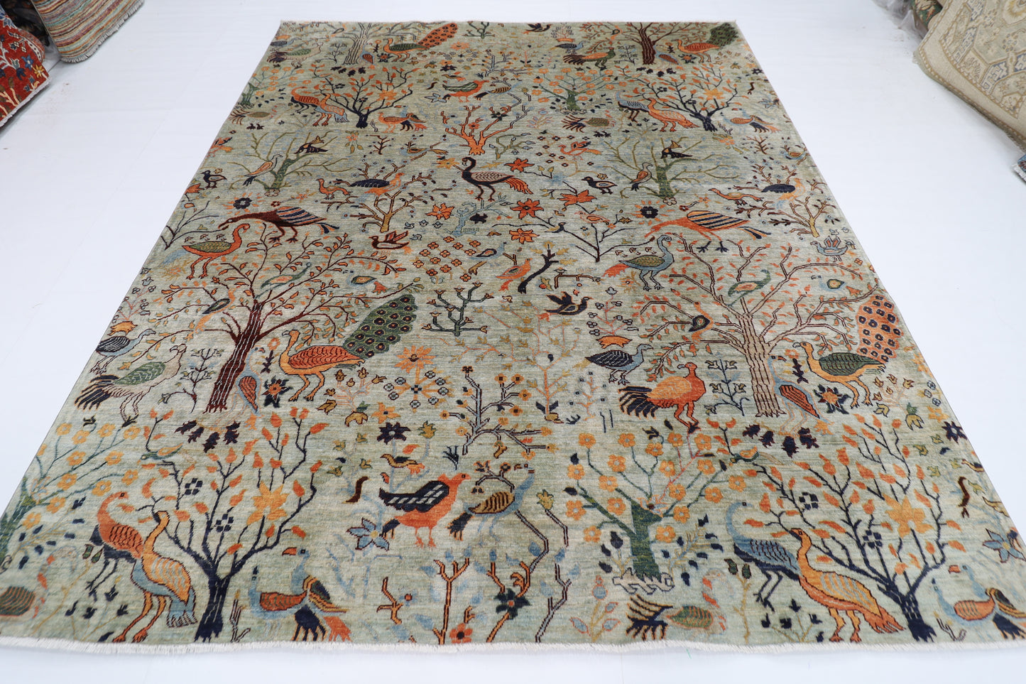 246 x 286 cm | Oriental Birds Gray Area Rug Afghan Hand Knotted Veg Dye Wool carpet