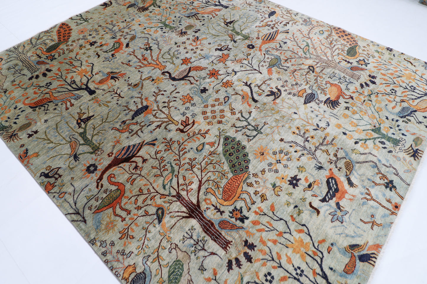 246 x 286 cm | Oriental Birds Gray Area Rug Afghan Hand Knotted Veg Dye Wool carpet